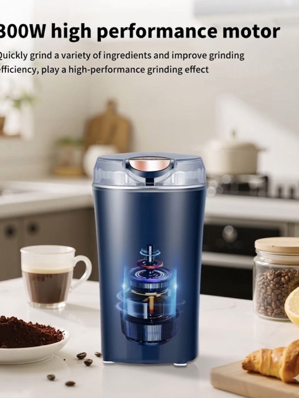 Electric Coffee Grinder in Navy Blue with Clear Lid Accent